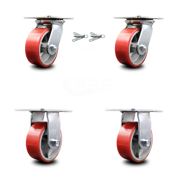 5 Inch Poly on Cast Iron Caster Set with Ball Bearing 2 Swivel Lock 2 Rigid SCC